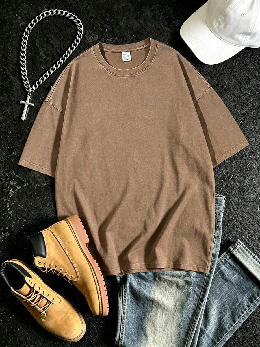 Men's T Shirts, Tees For Men | Men Solid T-Shirts | Camisetas Para Hombre Streetwear | Mens Gifts 100 Percent Cotton | Vintage Washed T-Shirt | One Piece | Perfect For Spring, Summer, Autumn, Spring-Autumn Wear | Perfect For Pairing With Jeans, Sweatpants Or Shorts - 咖啡棕 - 查看 1