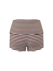 cortos de mujer Vaiaye de unicolor, ajuste delgado, cintura baja, mini shorts, estilo minimalista, adecuados para verano, playa bohemia, fiesta y uso diario - Rayas marrones y blancas - Ver 4