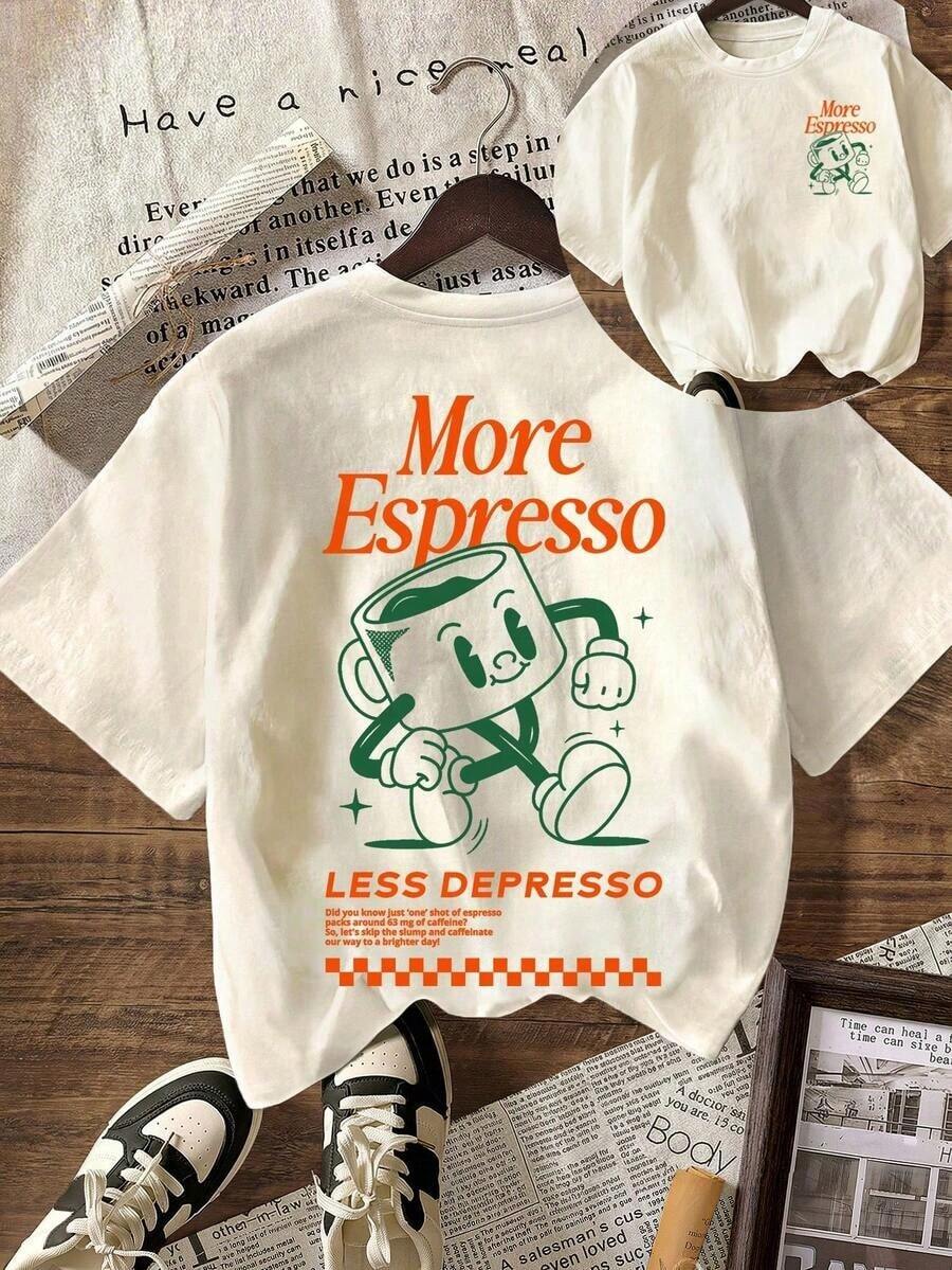 Estilo Y2K, estilo moderno, lo más nuevo de 2026, estilo lindo, estilo casual. Camiseta de manga corta con cuello redondo y estampado gráfico de Espresso Coffee Club para mujer, casual de verano, 180g (tallas S-XXXL). - Albaricoque 2 - Ver 1