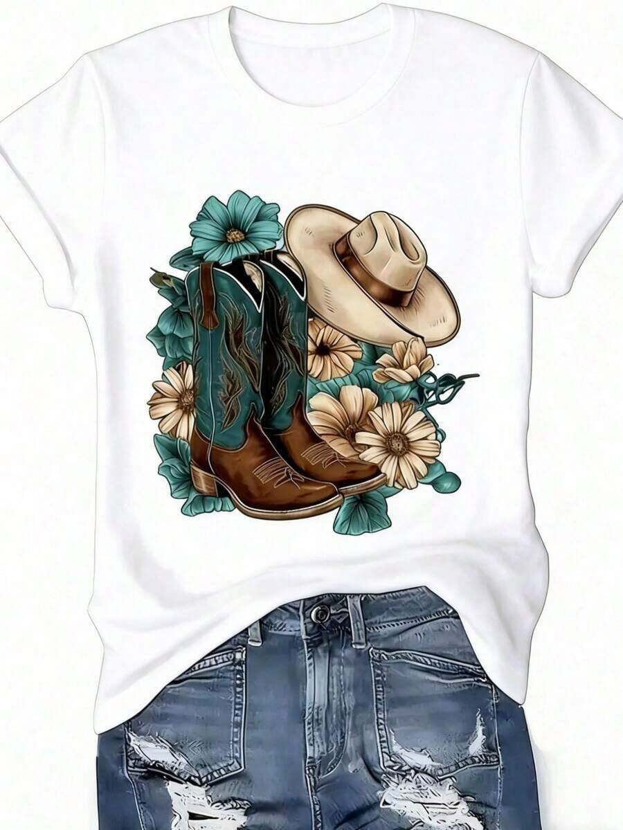 Women's Casual Western Style T-Shirt With Floral Print, Boots And Hat, Loose Fit, Round Neck, Short Sleeve, Spring-Summer Casual. - 白色 - 查看 1