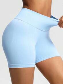 Pantalones cortos de yoga sin costuras de cintura alta para mujer - Levantamiento de glúteos elástico, adecuado para correr, fitness y actividades al aire libre| Apariencia de moda| Tela elástica de verano - Celeste - Ver 7