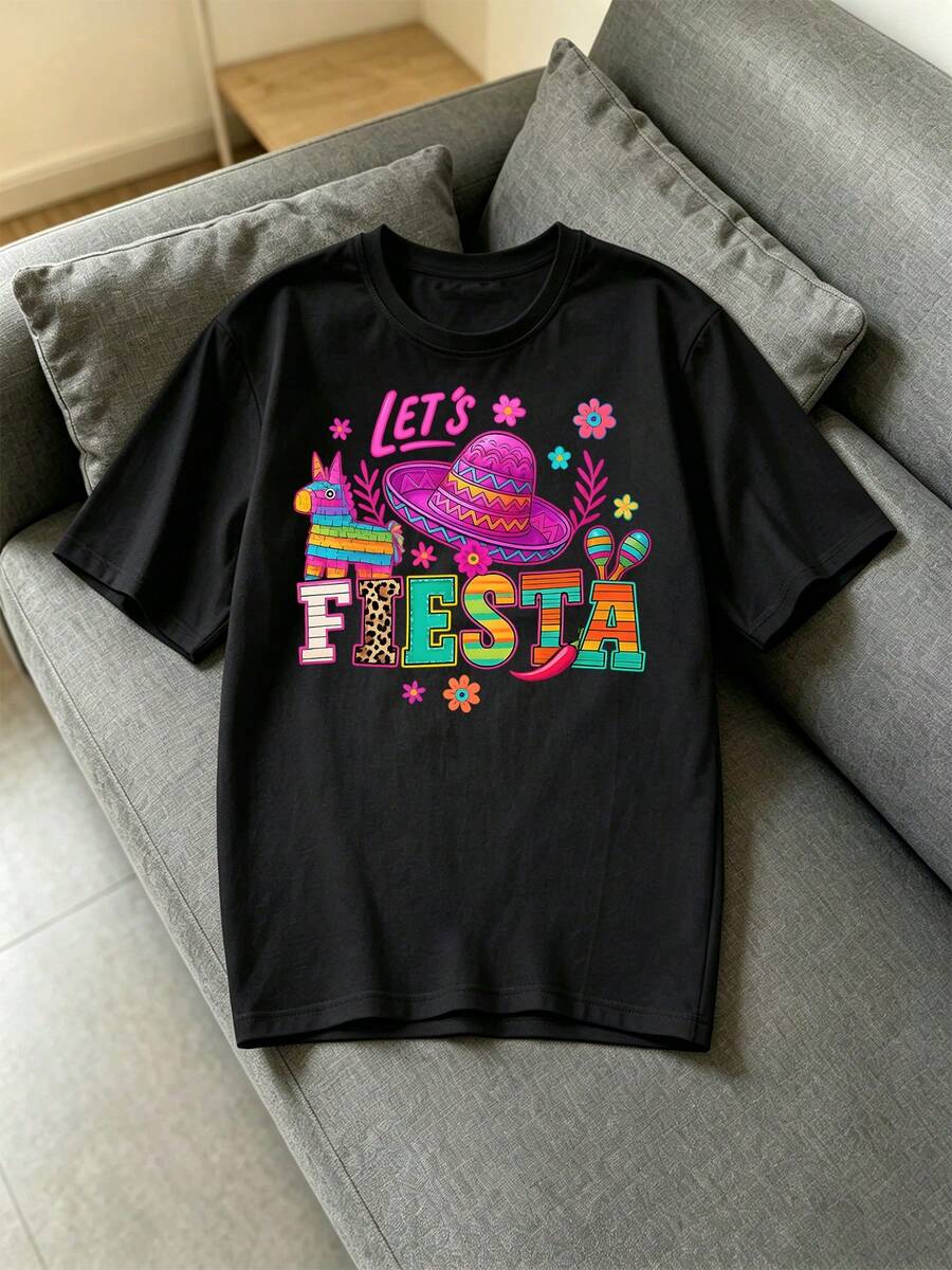 Women's "Let's Fiesta" T-Shirt - Short-Sleeved T-Shirt With A Round Neck And Mexican Carnival Print, Modern And Comfortable, Suitable For Everyday Wear. Women's T-Shirts - 黑色 - 查看 1