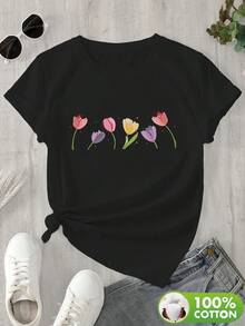 Vintage Cotton T-Shirt With Colorful Tulip Print, Fresh And Natural, Model 8684 Women's Summer Top - 黑色 - 查看 3