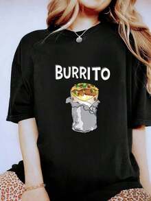 Camiseta Divertida con Dibujos Animados de Carne de Res y Burrito - Regalo de Comida Mexicana - Camiseta de Cuello Redondo Transpirable y Cómoda para Mujer - Negro - Ver 7