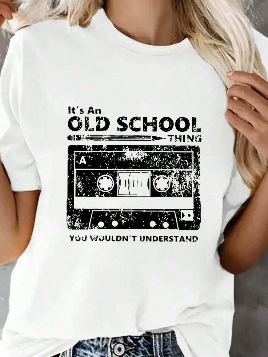 Women's Casual Short-Sleeved T-Shirt With Magnetic Tape Print And Round Neck - 白色的 - 查看 1