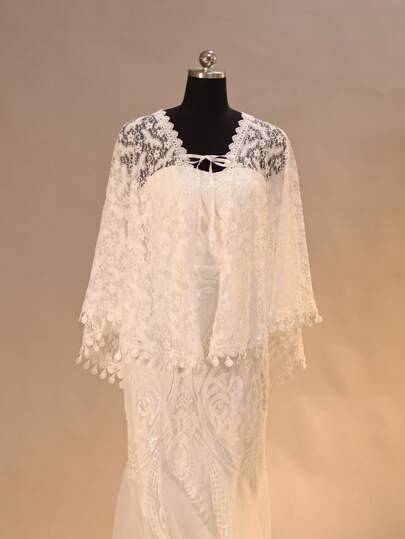 1pc White Butterfly Lace Bridal Cape, Suitable For Bridesmaids, Party Dresses, Women Shawl Cloak