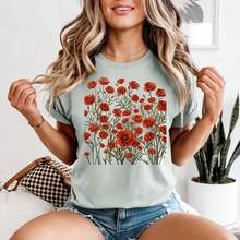 Poppy Flower Shirt, Red Poppy T-Shirt, Wildflower Shirt, Floral Cottagecore T-Shirt, Botanical Shirt, August Flower Gift For Women - 白色 - 查看 4