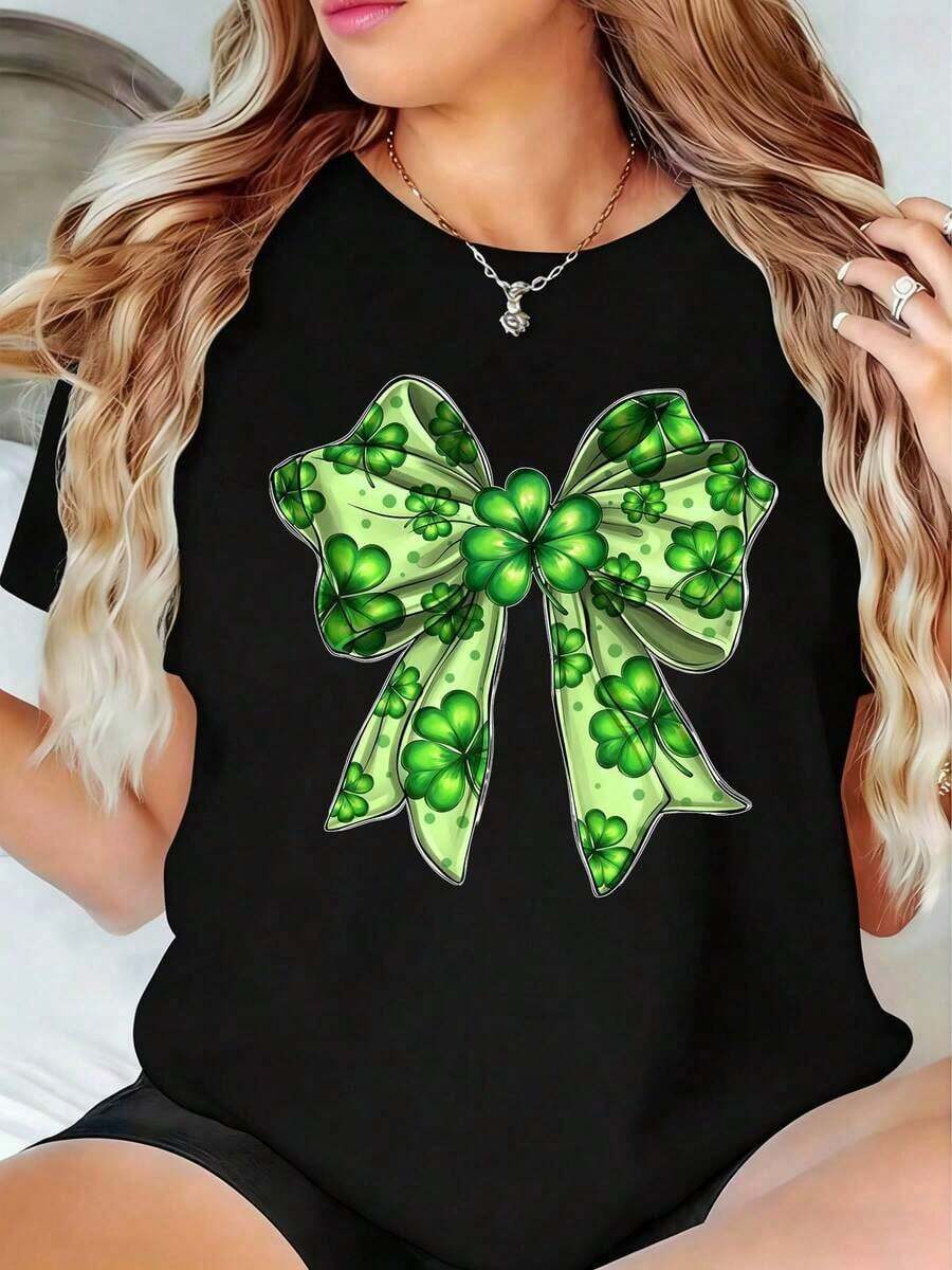 Black T-Shirt With Green Bow And Shamrock Print For Easter And St. Patrick's Day - 黑色 - 查看 1