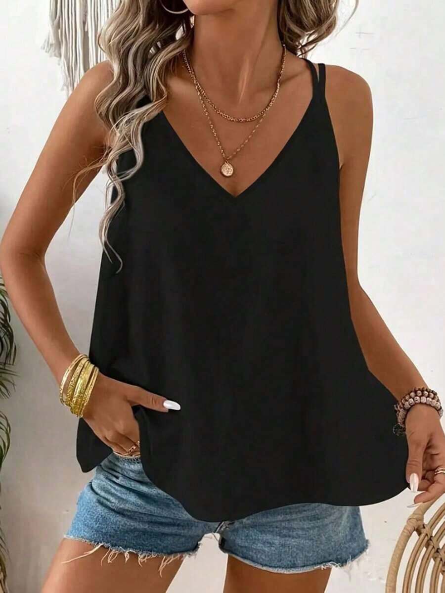 Camiseta sin mangas de mujer de cuello en V holgado a rayas, con diseño de espalda descubierta y lazo, adecuada para uso en la calle y vacaciones en primavera/verano - Negro - Ver 1