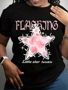 Women's T-Shirt With Twinkling Star Print, Pink Stars, Hearts And Sparkles, A Casual Summer Gift For Her - 黑色 - 查看 8