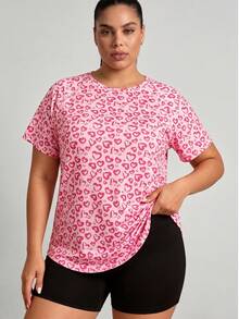 Blusa casual de manga corta para mujer talla grande, con estampado de corazones por todo el diseño, cuello redondo, corte holgado, suave y cómoda, apta para uso diario y entrenamiento - Multicolor - Ver 5