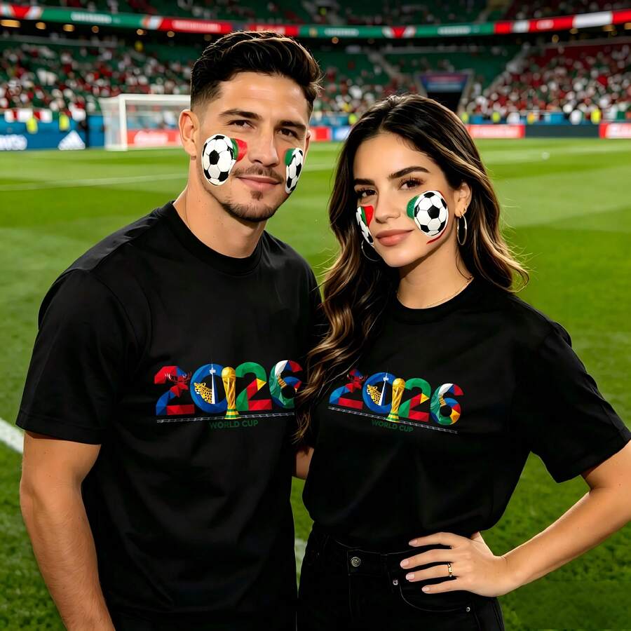 Couple Football Pattern T-Shirt, 100% Cotton, Loose Fitting, Soft And Breathable, Casual Round Neck Short Sleeved Top World Cup 2026 Soccer Ball Flag Design Printed Patterns, Dating, Leisure Travel, Gatherings, Simple Cartoon Printing Style, High Cost-Effectiveness Suitable For Watching Live Sports - 黑色 - 查看 1