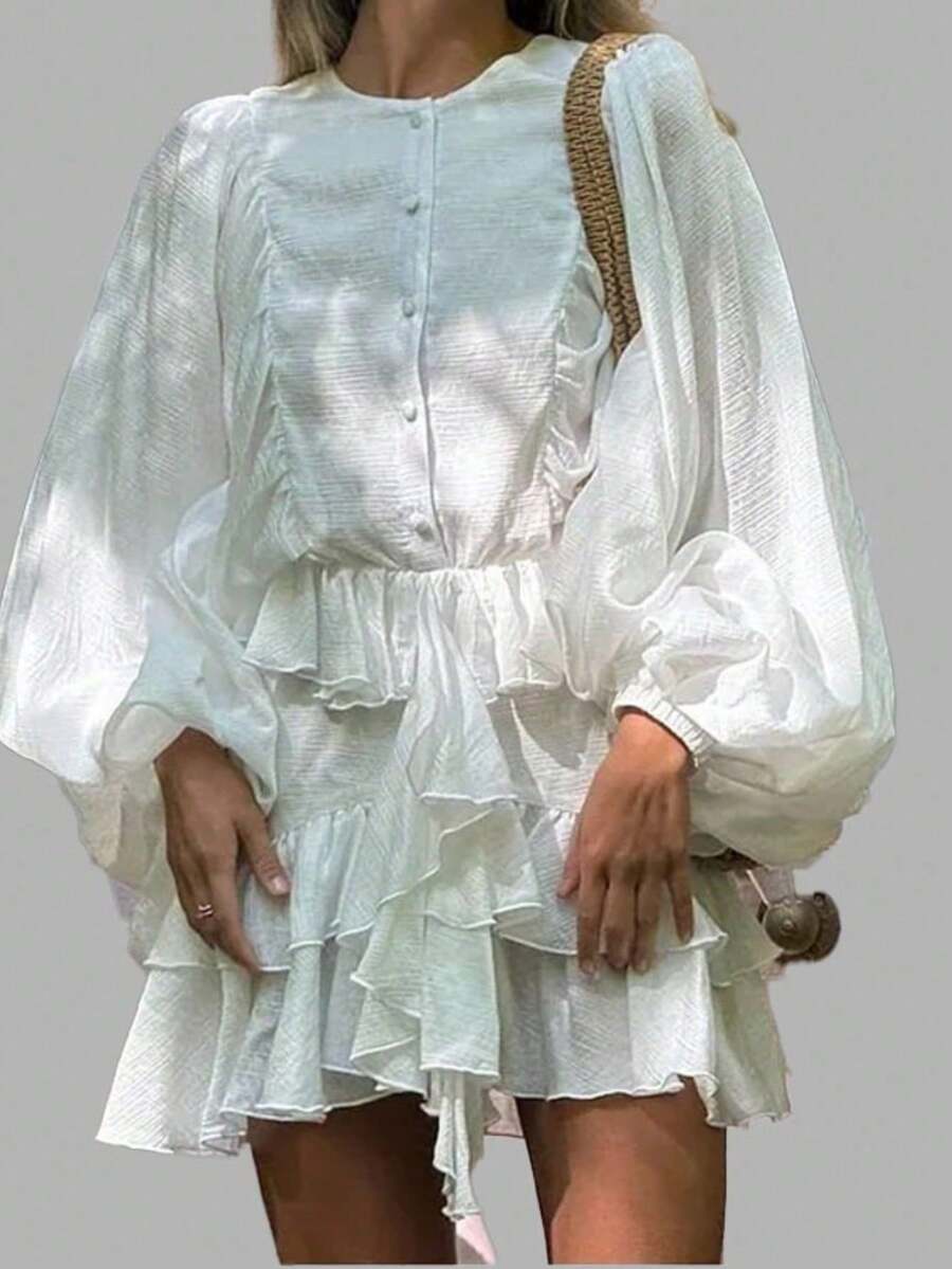 Vestido corto francés primavera 2026, cintura alta, mangas abullonadas y volantes - Blanco - Ver 1