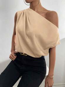 Blusa de satén con cuello asimétrico y hombro descubierto - Champán - Ver 3