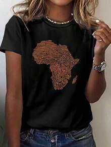 T-Shirt With African Continent Fingerprint Print, Short Sleeve And Round Neck, Casual Top For Summer And Spring, Women's Clothing - 黑色 - 查看 1