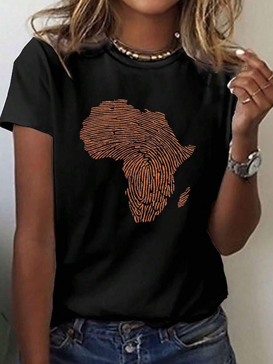 T-Shirt With African Continent Fingerprint Print, Short Sleeve And Round Neck, Casual Top For Summer And Spring, Women's Clothing - 黑色 - 查看 1