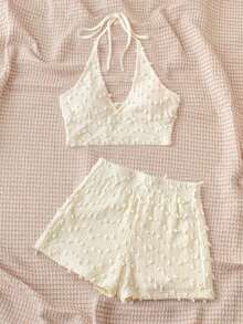 Conjunto de 2 piezas de top hálter de textura de ganchillo con estampado de lunares blancos y shorts de cintura elástica, para mujer en vacaciones de verano, estilo casual de playa - Multicolor - Ver 3