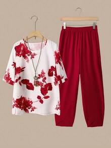 2 piezas Conjunto de top y pantalones casuales estampados para mujer - Rojo - Ver 2