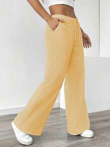 Pantalones sueltos para mujer con rayas azules de tiro bajo para vacaciones y uso informal - Amarillo - Ver 7