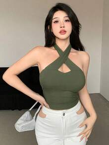 Top corto de mujer sin mangas con cuello de halter y envolvente de unicolor - Verde - Ver 8