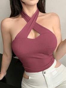 Designer Camiseta de tirantes ajustada de unicolor con cuello halter para mujer, top de verano para salir - Rojo violeta - Ver 6