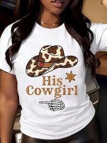 T-Shirt Women Casual Loose Fit Crew His Cowgirl With Cowboy Hat And Skeleton Hand Print Western Theme For Country Music Festivals And Daily Wear - White - View 2