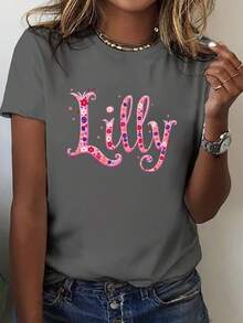 Camiseta Decorativa con Estampado de Flores Lilly, Manga Corta y Cuello Redondo, Top Casual para Verano y Primavera, Ropa de Mujer - Gris Oscuro - Ver 6