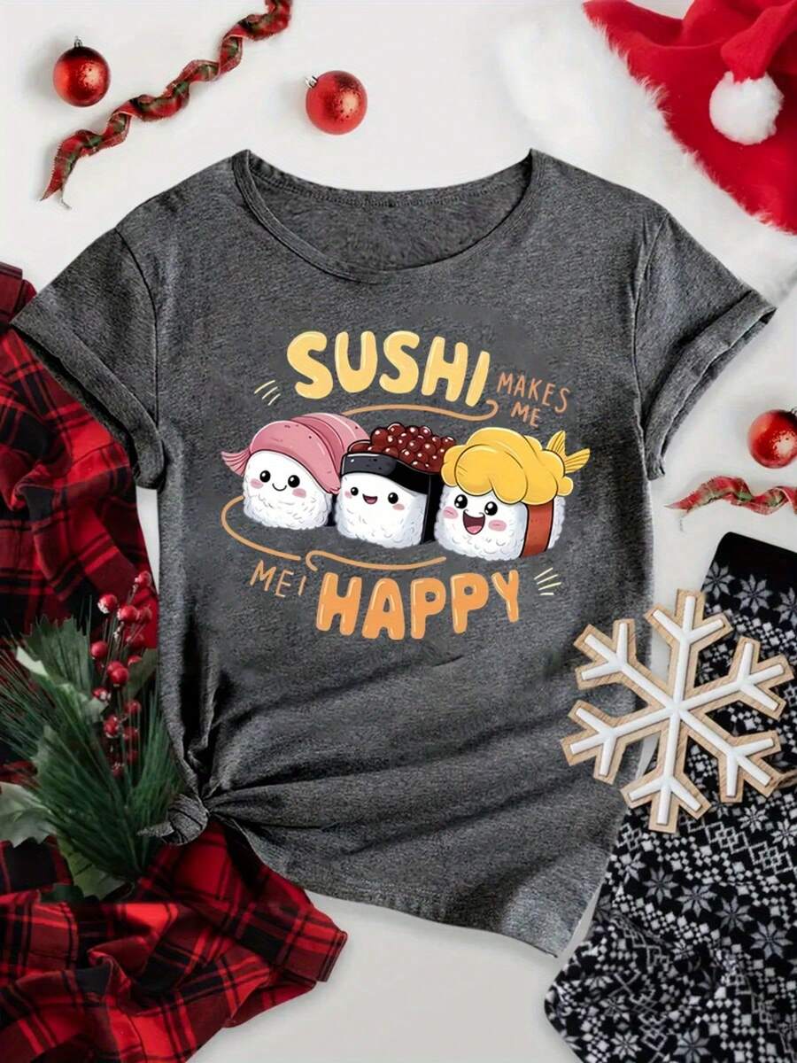 Camiseta de Manga Corta con Diseño de Bola de Arroz de Dibujos Animados para Mujer - Gris Oscuro - Ver 1