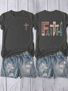 Vintage Christian Short Sleeve T-Shirt With Bible Verses, Casual T-Shirt, Retro T-Shirt With Cross Print, "Pray Mom" Crew Neck T-Shirt, Graphic T-Shirts For Women - 黑色 - 查看 1