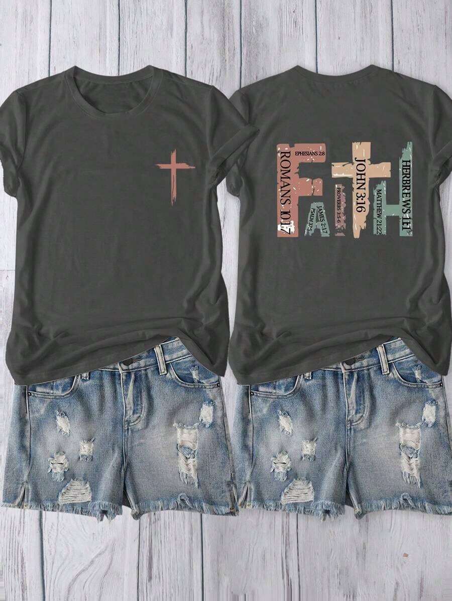 Vintage Christian Short Sleeve T-Shirt With Bible Verses, Casual T-Shirt, Retro T-Shirt With Cross Print, "Pray Mom" Crew Neck T-Shirt, Graphic T-Shirts For Women - 黑色 - 查看 1