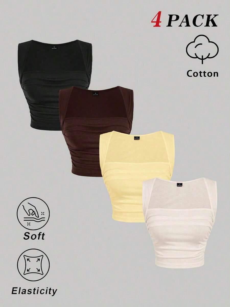 Conjunto de 4 piezas de top de tirantes ajustado y fruncido de cuello cuadrado de varios colores para mujer.Top corto sin mangas en negro, burdeos, marrón y blanco.Elegante y romántico para vacaciones, fiestas, ceremonias, playa, salidas casua - Multicolor 3 - Ver 1