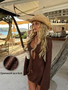 Women's Hollow Out Short Knitted Cardigan Dress, V-Neck Tie Waist Knit Dress With Flare Sleeves, Suitable For Spring/Summer Beach Vacation Style - Coffee Brown - View 1