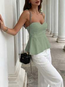 1 pieza Blusa casual sin mangas con volantes en el bajo, Elegante top tubo minimalista francés de color blanco puro, Camiseta sin mangas ajustada para vacaciones y viajes, Ligera camiseta con lazo delantero, Ropa exterior sexy tipo babydoll que acentúa las curvas, Primavera/Verano/Otoño - verde menta - Ver 2