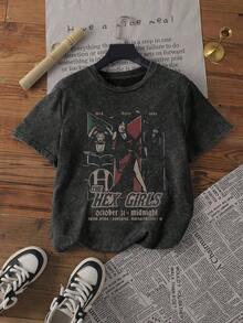 Black Short-Sleeved T-Shirt With Round Neck, Gothic Rock Music Graphic Print, Summer, Simple And Casual For Everyday Wear, Plus Size, Washed - Black - View 1