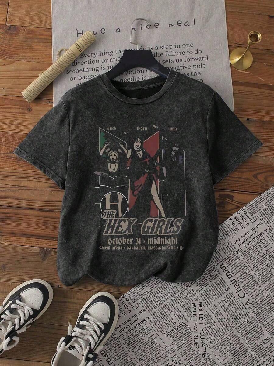 Black Short-Sleeved T-Shirt With Round Neck, Gothic Rock Music Graphic Print, Summer, Simple And Casual For Everyday Wear, Plus Size, Washed - Black - View 1
