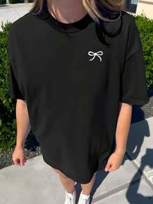 Plus Size Women's Short-Sleeved, Round-Neck T-Shirt, Made Of Regular-Length Knit Fabric, With A Butterfly Print, Dropped Shoulders, And A Casual Semi-Sheer Design For Summer In Black. - 黑色 - 查看 6