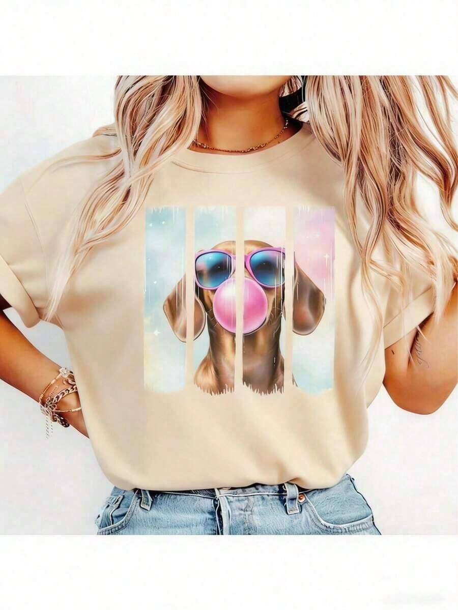Adorable Dachshund Graphic T-Shirt - Dachshund Chewing Gum Print T-Shirt, Pure Cotton Dachshund Mom T-Shirt, Dachshund Dad Gift - Unisex Pure Cotton T-Shirts For Women And Men - 杏色 - 查看 1
