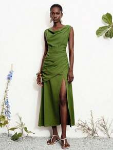 Vestido sin mangas de unicolor y minimalista para mujer, uso diario casual - Verde - Ver 4