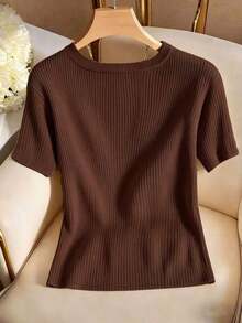 Camiseta de mujer elegante y casual de cuello en V y manga corta - Óxido marrón - Ver 2