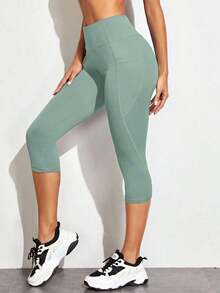 Mallas deportivas de cintura ancha con bolsillo para teléfono, pantalones de yoga para mujer - Verde - Ver 5