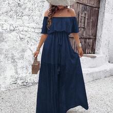 Holidaya Women's Off Shoulder Swiss Polka Dot High Slit Dress Maxi Vacation Beach Outfit - Albaricoque - Ver 8