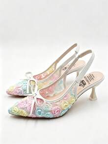 New Elegant Solid Color Lace Mesh 3D Floral Bow Decor Pointed Toe Slingback High Heel Colorful Pumps For Women - Color - View 1