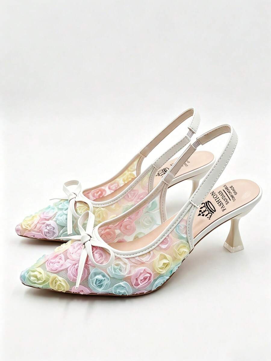 New Elegant Solid Color Lace Mesh 3D Floral Bow Decor Pointed Toe Slingback High Heel Colorful Pumps For Women - Color - View 1