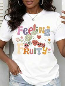 Camiseta Casual con Estampado Gráfico Frutal para Mujer, Diseño Divertido de Frutas para Verano, 100% Algodón, Duradera - Blanco - Ver 1