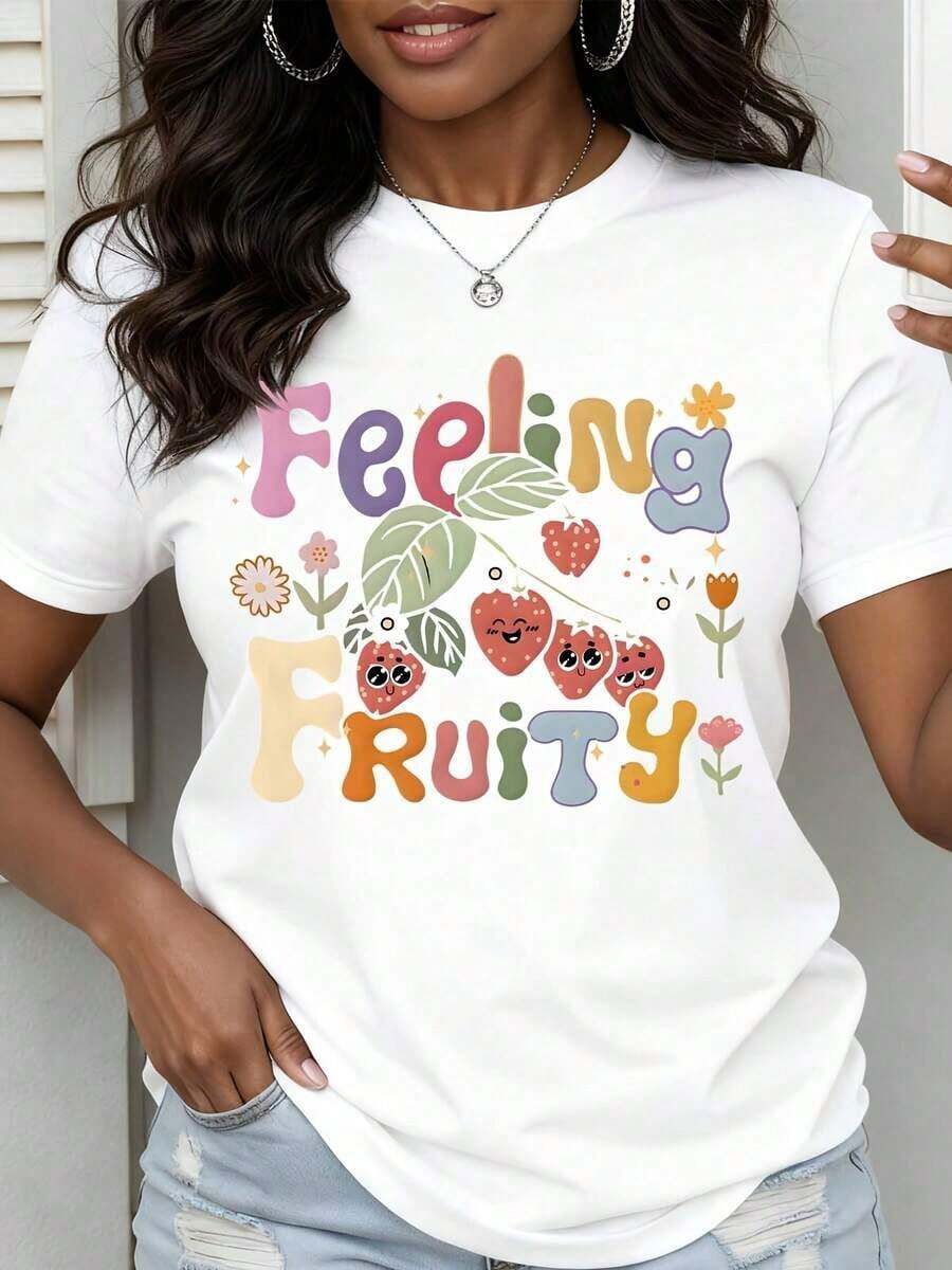 Camiseta Casual con Estampado Gráfico Frutal para Mujer, Diseño Divertido de Frutas para Verano, 100% Algodón, Duradera - Blanco - Ver 1