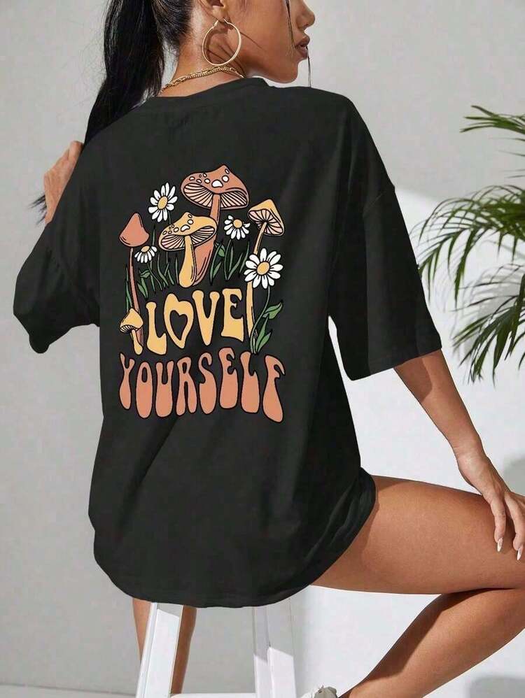 Camiseta de manga corta para mujer, nueva colección primavera-verano 2026, con diseño estampado, versátil para uso diario, adecuada para ocasiones de oficina y casuales. Cada pieza está empaquetada individualmente. - Negro - Añade 5