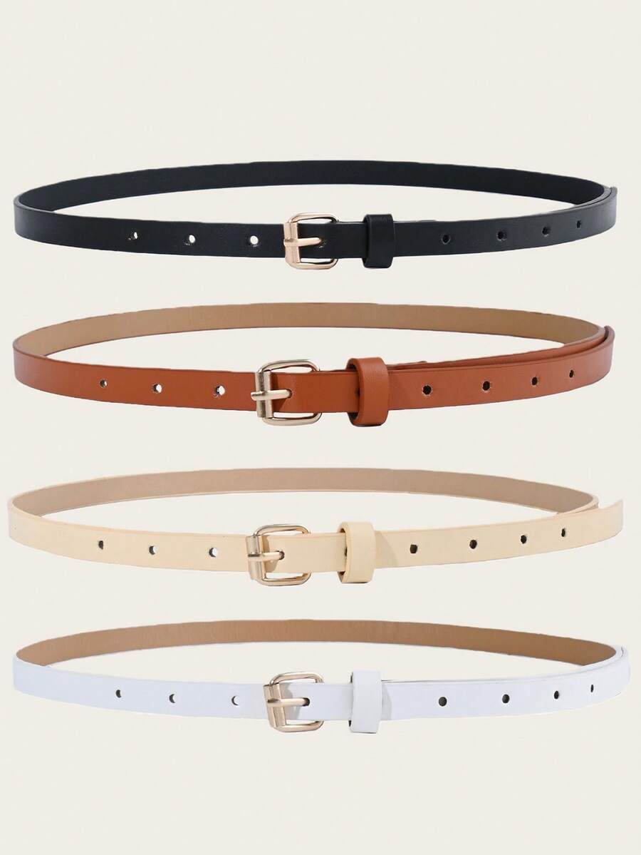 1pc/4pcs Women's Classic Thin Belt Set, Solid Color Square Buckle Adjustable Belt, Suitable For S Size Pants, Skirts, Dresses, Daily Casual, Office, Party Styling, Wardrobe Essential Accessory - 4 Wire Buckles - View 1