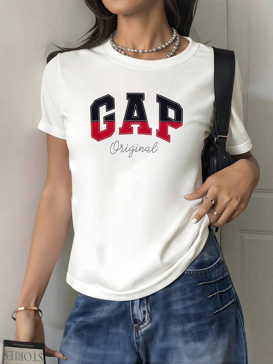 Letras grandes en tonos rojos y azul oscuro simbolizan fuerza confianza y energía reflejando una actitud activa y moderna camiseta de mujer original casual cómoda para uso diario - Blanco - Ver 1