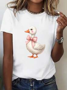Camiseta Casual de Verano para Mujer, Talla Grande - Camiseta con Estampado de Patito para Mujer - Camiseta suave de corte holgado para uso diario con lazo rosa, cuello redondo y manga corta, adecuada para primavera y verano - Camisa casual diaria para mujer, camiseta con patito, ropa de primavera/verano, diseño vibrante, ajuste cómodo, moda de primavera, material transpirable, camiseta estampada, elegante camiseta de moda para mujer. - Blanco - Ver 2