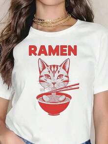 ComfortableCamiseta de mujer unisex con estampado de gato y ramen, diseño con texto, para uso casual y temas de amantes de la comida, conjuntos para parejas y familias, tela de algodón puro y cómoda. Camiseta casual de mujer, camisa de mujer, camisa, camisa elegante de mujer, top, camiseta casual de mujer, camiseta de algodón puro de mujer, camiseta estampada de mujer, camiseta blanca de mujer, camiseta de mujer, camiseta. Camiseta Holgada y Versátil de Manga Corta para Mujer - Blanco - Ver 11